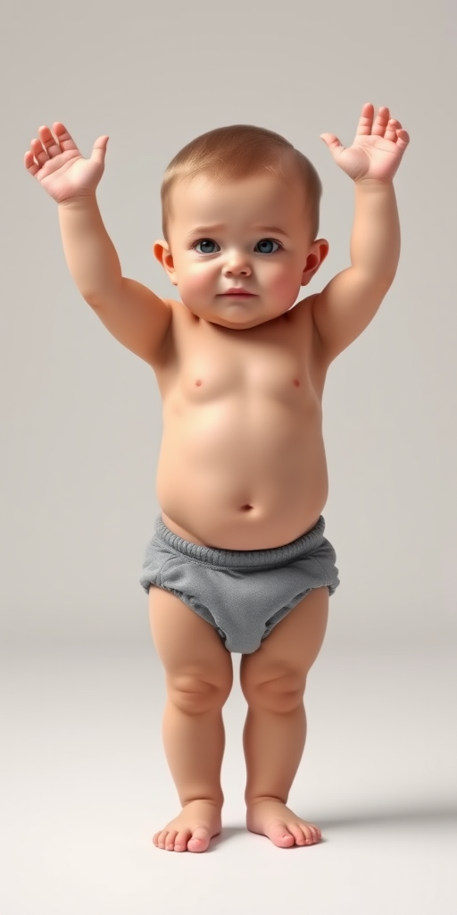 Create a hyper-realistic 3D render of a standing baby with arms raised, wearing a gray diaper, in a well-lit studio setting, using a Canon EOS 5D Mark IV, 85mm f/1.2 lens, aperture set to f/2.8, ISO 100, and a softbox for lighting to enhance shadow detail and skin texture.