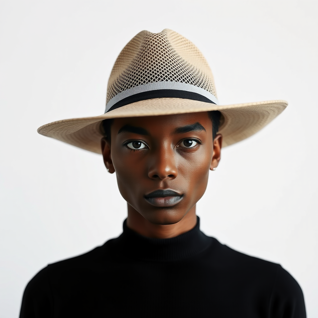 Generate a high-contrast, minimalist portrait of a person wearing a wide-brimmed hat, frontal view, with soft diffused lighting, using a 50mm lens at f/2.8, ISO 200, and shutter speed 1/100s to enhance image quality.