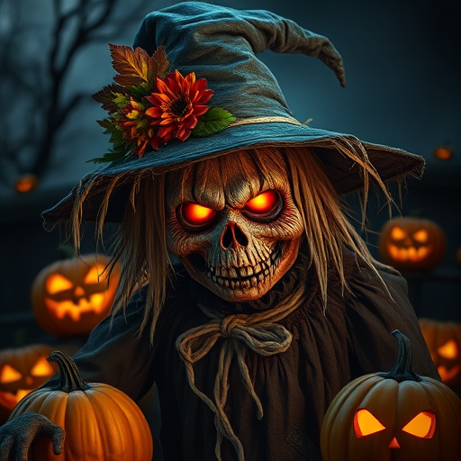 Create a menacing scarecrow character with glowing orange eyes wearing a tattered witch hat adorned with flowers and leaves surrounded by carved pumpkins in a dark, eerie setting with a hint of supernatural elements and a haunting atmosphere.