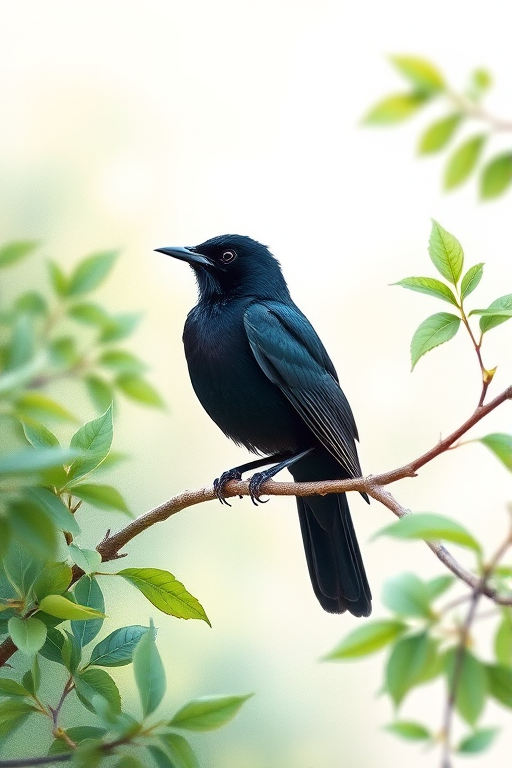 Create a detailed watercolor illustration of a black bird perched on a branch surrounded by lush greenery, soft pastel background, with a shallow depth of field; use a Canon EOS R5, 50mm f/1.8 lens, aperture f/2.8, ISO 100, and natural lighting for enhanced clarity and vibrant colors.