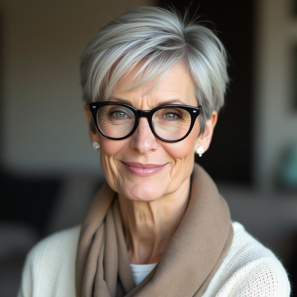 Portrait of a mature woman with short silver hair, styled in an asymmetrical pixie cut with side bangs. She wears black-framed glasses and a beige blouse with a white cardigan over it, as well as a bulky scarf in neutral tones. The woman is indoors with soft lighting and a blur in the background. Her expression is serene and confident, highlighting her elegance and modern style.