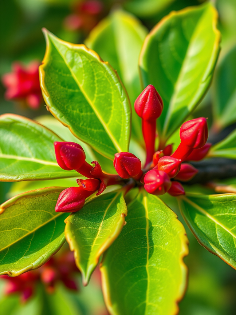 Capture a close-up shot of vibrant green leaves with red buds, using a macro lens, aperture f/2.8, shutter speed 1/200 sec, ISO 100, taken in natural daylight with a shallow depth of field to highlight details.