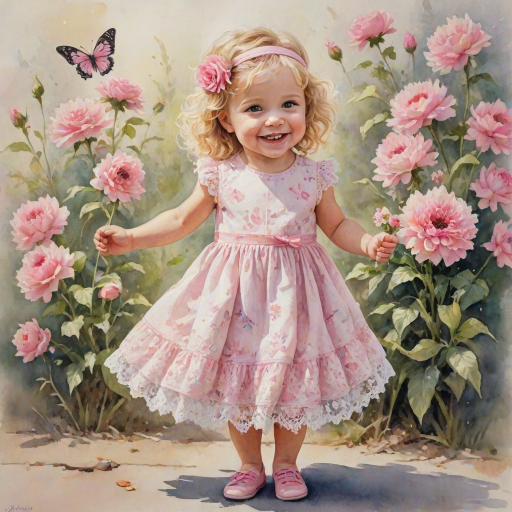 hyperrealism happy smiling toddler girl with messy wavy blonde hair with a headband, she is wearing a pink and white lace dress with pink and white shoes, she is holding a pink bouquet of flowers. Pink flowers and butterflies. summer background. Watercolor Highly detailed