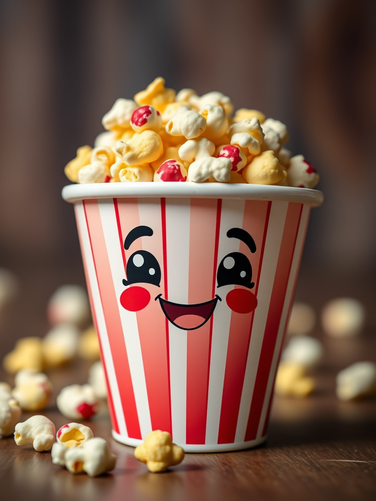 Generate a cute cartoon popcorn bucket with a happy face, bright colors, and exaggerated features, captured in a close-up shot with a Canon EOS 5D Mark IV, f/2.8 aperture, ISO 100, 50mm lens for enhanced image quality.