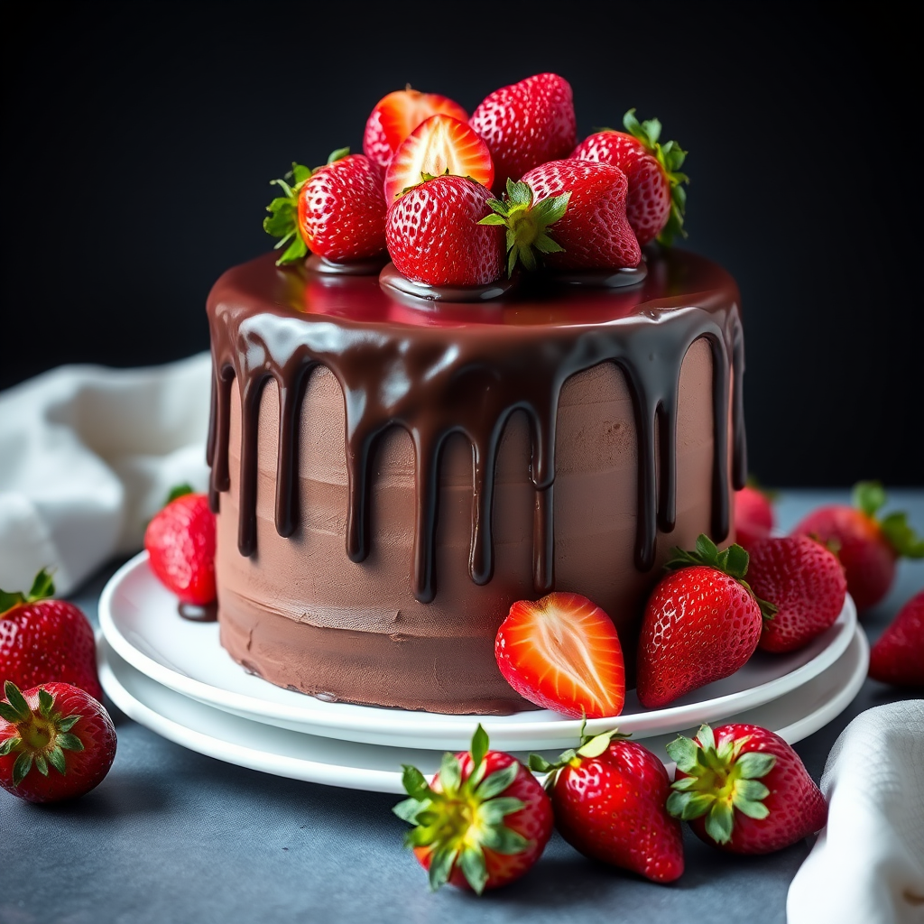 Chocolate cake with strawberries on top rich chocolate ganache dripping down the sides placed on a white plate surrounded by fresh strawberries dark background soft lighting