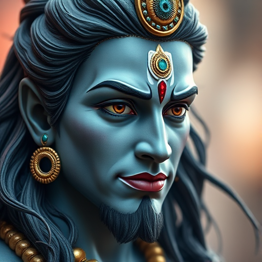 Create a high-resolution artistic rendering of a stylized portrait of Lord Shiva with intricate details, using a Canon EOS 5D Mark IV, 50mm lens, f/1.8 aperture, ISO 100, natural light, shallow depth of field, and soft focus background for enhanced image quality.