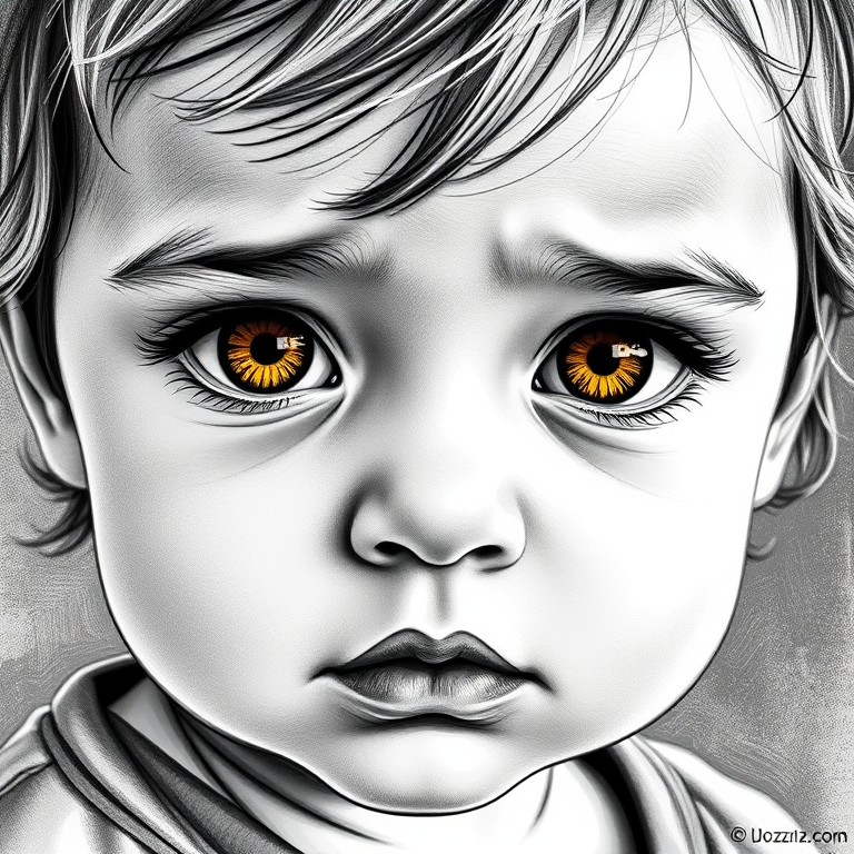 A hyperdetailed photorealistic black and white sketch of a beautiful toddler with deep Yellow eyes, with a macro focus