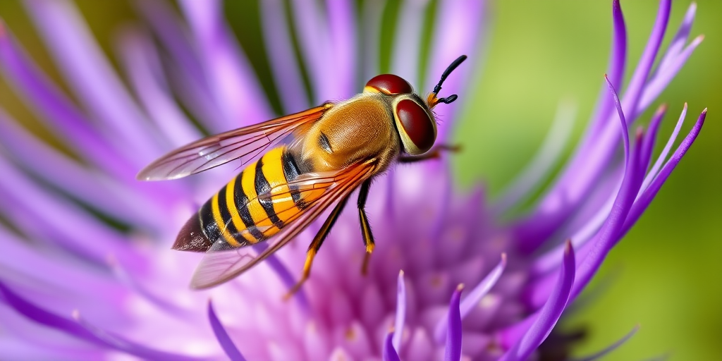 Close-up shot of a yellow and black hoverfly on a vibrant purple thistle flower, with shallow depth of field, f/2.8 aperture, ISO 100, 100mm macro lens, natural lighting, and a focus on fine detail and texture.