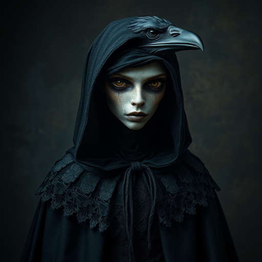 A highly detailed portrait of a humanoid figure with a raven's head, dressed in a vintage black cloak with intricate lace details, set against a textured, dark background, captured with a Canon EOS R5, 50mm lens at f/1.8, ISO 100, soft lighting for enhanced shadows and depth.