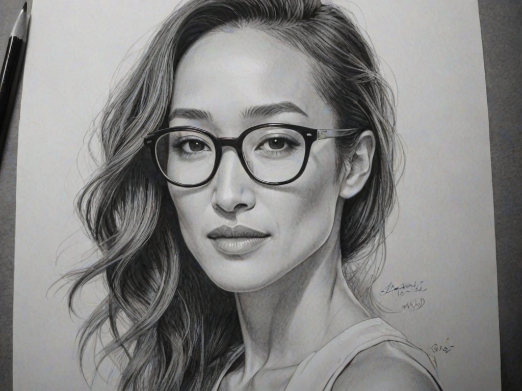 Fascinating Maggie Q, pencil sketch, portrait of Enchanting woman 1926s in glasses, hair style beatnik, outline, clear lines, fine lines, 8k