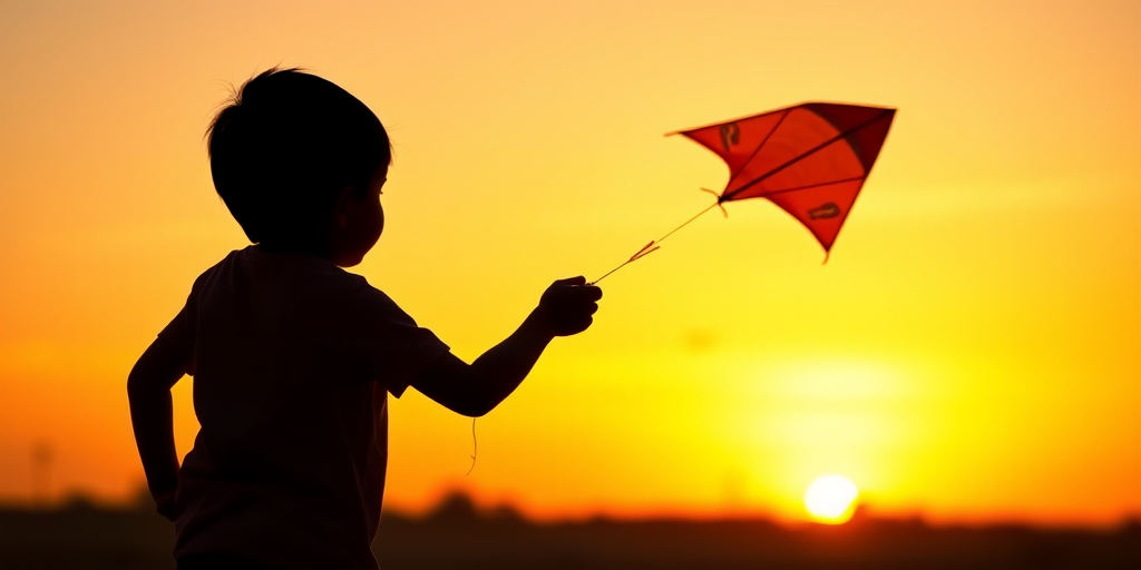silhouette of a child flying a kite at sunset with a vibrant orange sky, soft focus, wide-angle lens, f/8 aperture, ISO 100, 1/200 sec shutter speed, DSLR camera, golden hour lighting