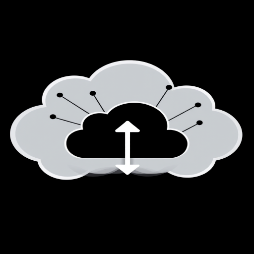 Create an illustration of a stylized cloud with a network design, featuring a downward arrow, using a DSLR camera with a 50mm lens, aperture f/2.8, ISO 100, and a shallow depth of field for clarity against a black background.