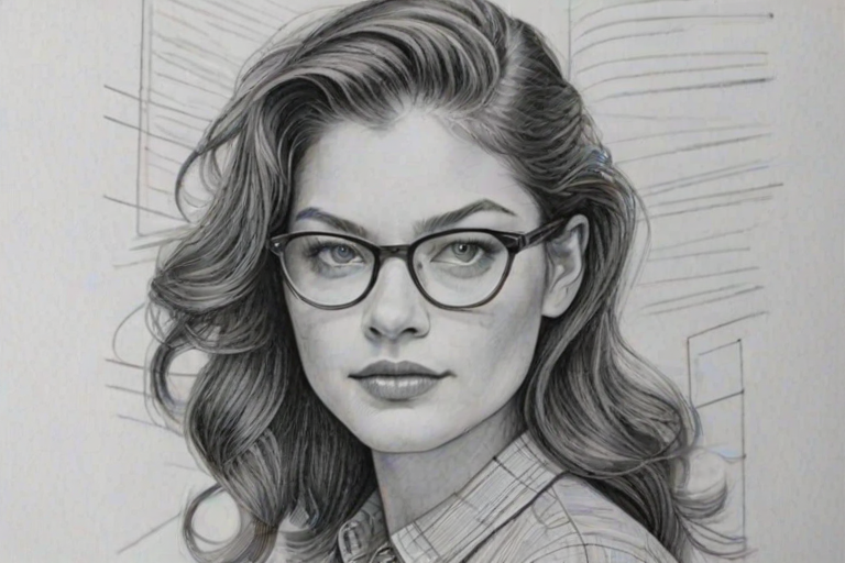 Dazzling Alexa Davalos, pencil sketch, portrait of Exquisite woman 1949s in glasses, hair style beatnik, outline, clear lines, fine lines, 8k