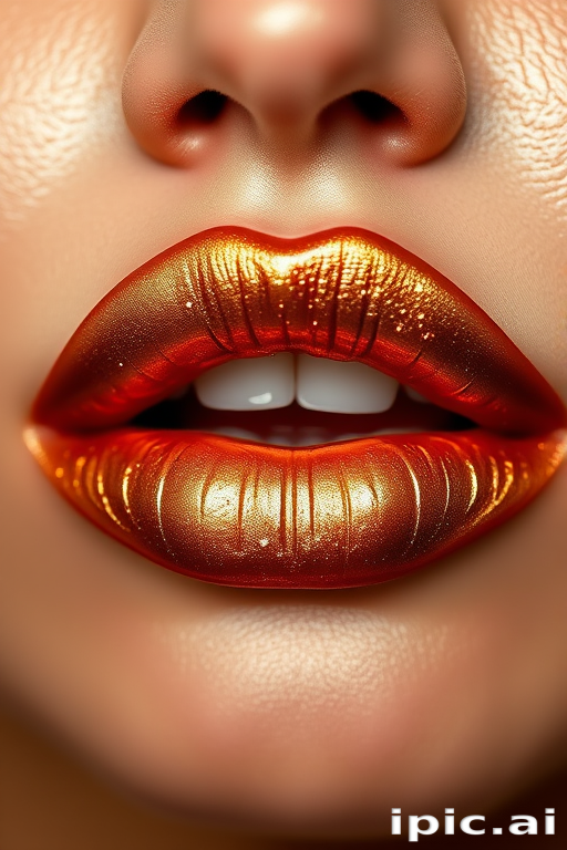 Metallic bronze lip gloss "Gilded Goddess" boasting a high-shine finish, flecks of gold shimmer, and a non-sticky texture for a glamorous night out