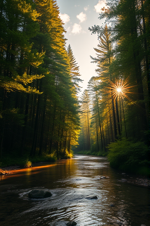 Create an image of a serene, sunlit forest scene with a clear, gently flowing river. Tall trees with lush green foliage line both sides of the river, their leaves bathed in the warm golden light of the setting or rising sun. The sunlight filters through the trees, casting soft, dappled light on the river, which flows over smooth rocks and pebbles, creating a peaceful, natural atmosphere. The sky is bright with a few scattered clouds, and the overall mood is tranquil, evoking a deep sense of connection with nature. The image captures the beauty of a calm, pristine forest landscape at either dawn or dusk.