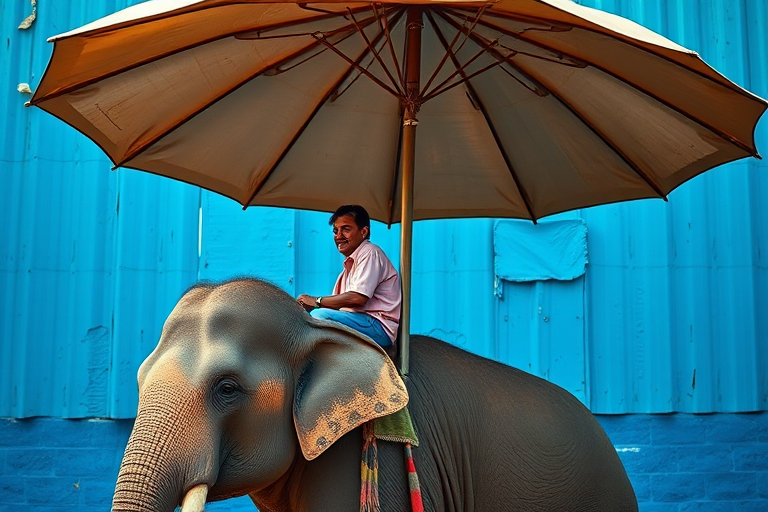Create a high-resolution image of an elephant with a rider under a large umbrella, showcasing a textured blue background, captured with a Canon EOS R5, 50mm lens, f/1.8 aperture, ISO 100, and a shallow depth of field to enhance the focus on the elephant and rider while blurring the background.