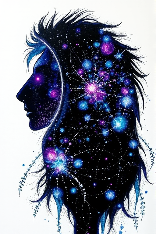 Captivating conceptual render alcohol ink art, double exposure, the paint strokes artfully merge combining a woman's full silhouette with a Joyous jellybean (fish)'s silhouette. The figures are composed of a series of colored dots, lines & spots that evoke the image of a cosmic galaxy, colors are deep shades of blue purple & black with flashes of white & silver representing distant stars. The woman's silhouette is formed within the lion's silhouette from constellations of scattered stars, surreal