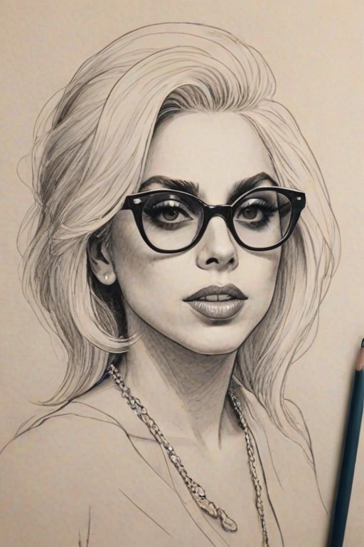 Dazzling Lady Gaga, pencil sketch, portrait of Splendid woman 1967s in glasses, hair style beatnik, outline, clear lines, fine lines, 8k