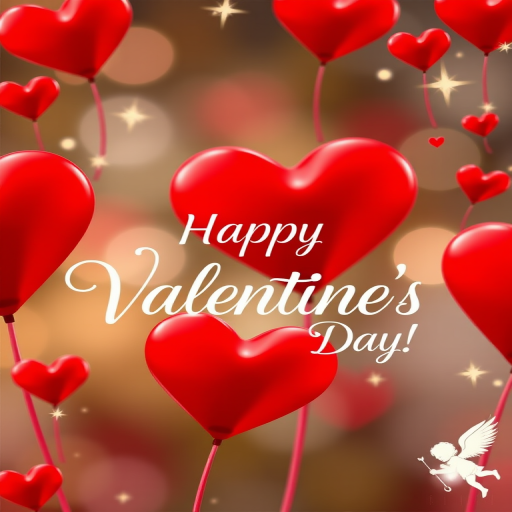 Create a vibrant Valentine's Day card design featuring large red hearts, elegant cursive text saying "Happy Valentine's Day!", sparkling stars in the background, and a subtle image of a cupid; shot with a Canon EOS R5, 50mm f/1.2 lens, aperture set to f/1.8, ISO 100, and a soft focus effect for a dreamy quality.