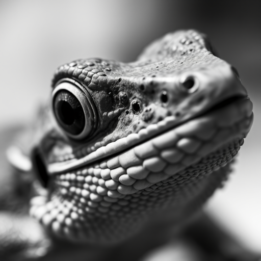 Close-up of a lizard's head in black and white, shallow depth of field, 50mm lens, aperture f/2.8, ISO 100, natural light, macro photography, DSLR camera.