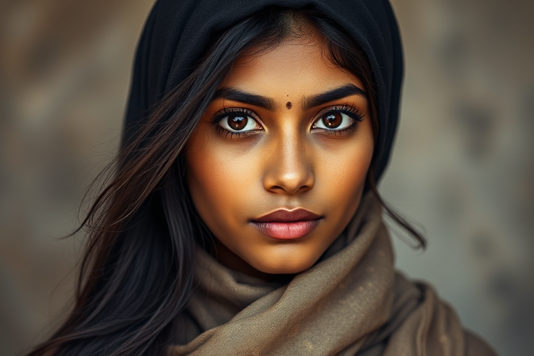 Create a portrait of a young Indian woman with long, dark hair and captivating hazel eyes. She is wearing a black headscarf and a matching scarf draped gracefully around her neck. The background is softly blurred, focusing attention on her serene and natural expression. The overall color palette is muted and warm, enhancing the intimate and authentic feel of the portrait.