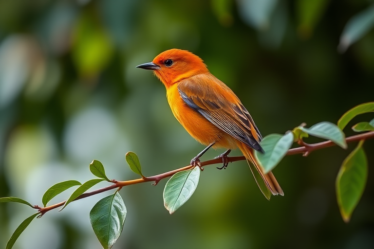 Create an image of a vibrant orange bird perched on a green leafy branch, captured with a Canon EOS 5D Mark IV, 85mm lens, f/2.8 aperture, ISO 200, natural light, shallow depth of field, soft bokeh background.