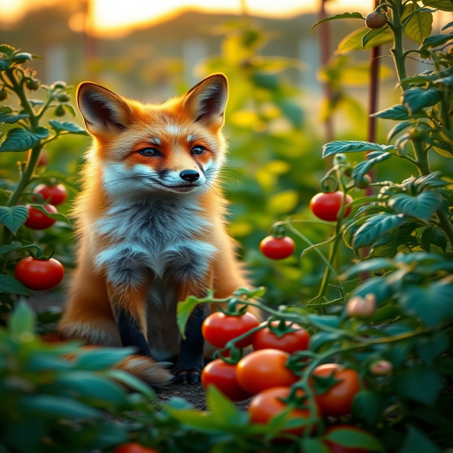 A vibrant red fox sitting among lush green plants and ripe tomatoes in a garden at golden hour, captured with a DSLR camera, 85mm lens, f/2.8 aperture, ISO 100, shallow depth of field for a dreamy background blur.