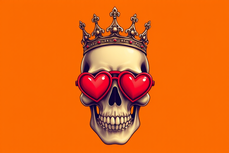 Create an illustration of a skull with a crown and heart-shaped glasses, set against a vibrant orange background, using a digital art style, high resolution 300 DPI, shot from a front view, with soft lighting to enhance details.