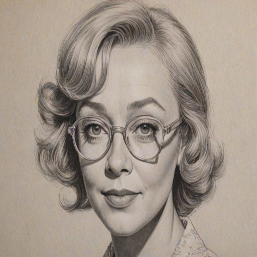 Wonderful Glynis Johns, pencil sketch, portrait of Graceful woman 1975s in glasses, hair style beatnik, outline, clear lines, fine lines, 8k