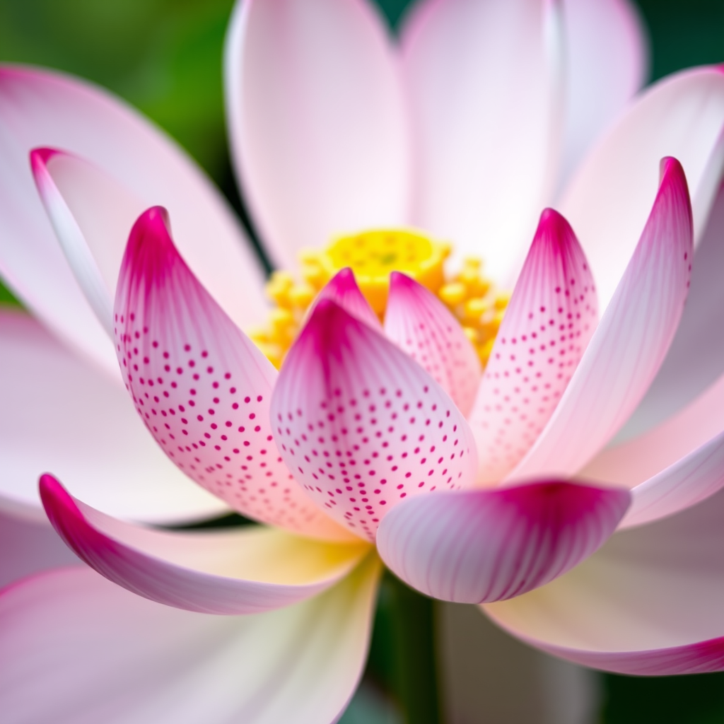 Create a vibrant and detailed lotus flower design using colorful dots and patterns, shot with a Canon EOS R5 at f/8, 1/125s, ISO 100, in a close-up macro view for enhanced sharpness and depth.