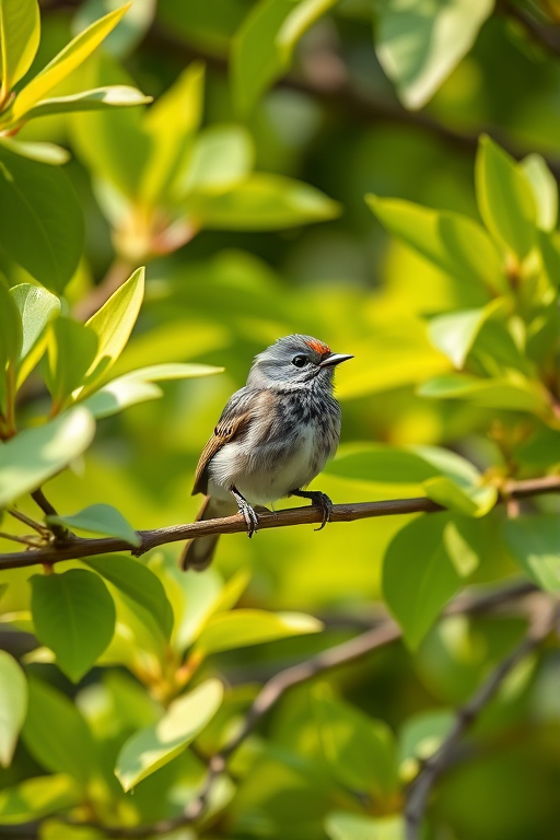 Capture a detailed shot of a small bird perched on a branch surrounded by vibrant green leaves, using a Canon EOS 5D Mark IV with a 400mm f/2.8 lens, aperture set to f/4, shutter speed at 1/500s, ISO 400, in natural light with a shallow depth of field for a blurred background.