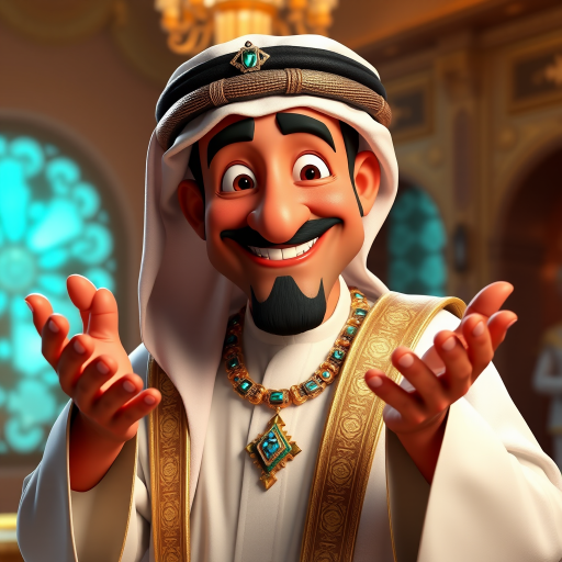 Create a 3D rendering of a wealthy Arab male sheikh from Dubai, inspired by the Disney animation style. The sheikh must have a smile and a playful but wise character. Place your character in an atmosphere of wealth and luxury. The image must be in high resolution format. Dynamic pose above the waist, gesturing with hands (Pixar Art style)++ highly detailed digital painting, art stations, concept art, soft focus, hard focus, illustrations. cinematic, visual effects, HDR, Unreal Engine 5, ray tracing, soft light, 8k, high detail, sparkling backlighting, luxury gem, game art, 3d, cartoon, colorful, magical, mysterious