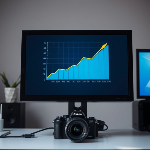 Create a high-resolution image of a computer monitor displaying a graph with an upward trend, using a DSLR camera with a 50mm lens, aperture set to f/2.8, ISO 200, shot from a frontal view with soft diffused lighting.