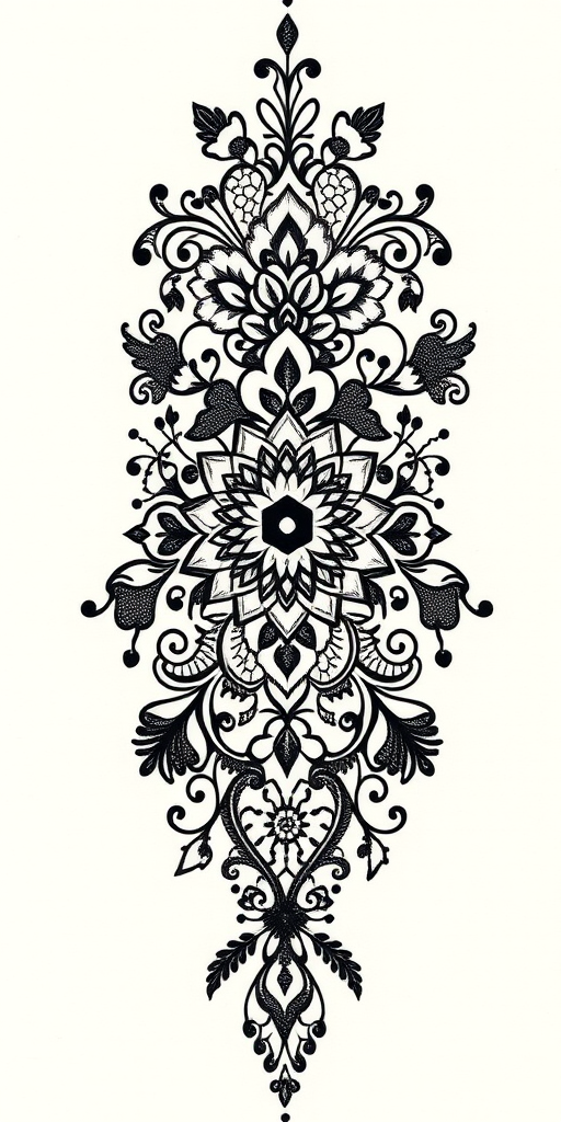 Ornamental blackwork tattoo named "Lace and Shadow" featuring intricate patterns inspired by henna designs and Victorian lace, with delicate linework and negative space creating a feminine and elegant aesthetic