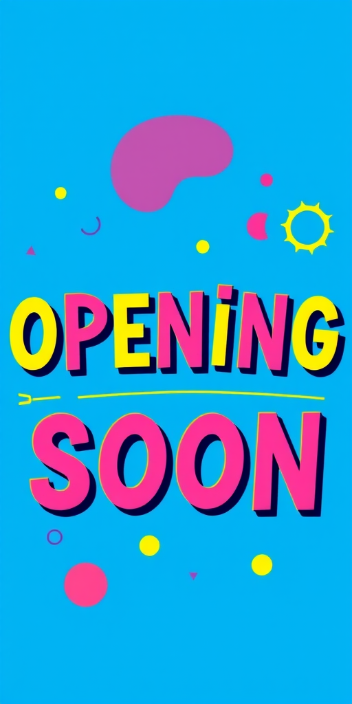 Create a vibrant graphic design featuring the text "OPENING SOON" in bold, playful typography, using a blue background with abstract shapes and patterns, high resolution, shot with a digital camera, 50mm lens, aperture f/2.8, ISO 100, top-down view, colorful and modern style.