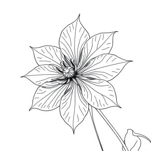 Regenerate a detailed line drawing of a clematis flower with sharp outlines and intricate details, featuring a plain white background, using a Canon EOS R5 camera, f/2.8 aperture, ISO 100, and a 50mm lens for enhanced clarity and depth.