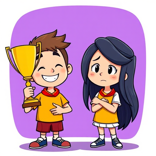 Create a vibrant cartoon-style illustration of two characters, one proudly holding a trophy and smiling, while the other looks disappointed, set against a purple background, using a Canon EOS R camera with a 50mm lens, f/1.8 aperture, ISO 100, and a shallow depth of field for enhanced image quality.
