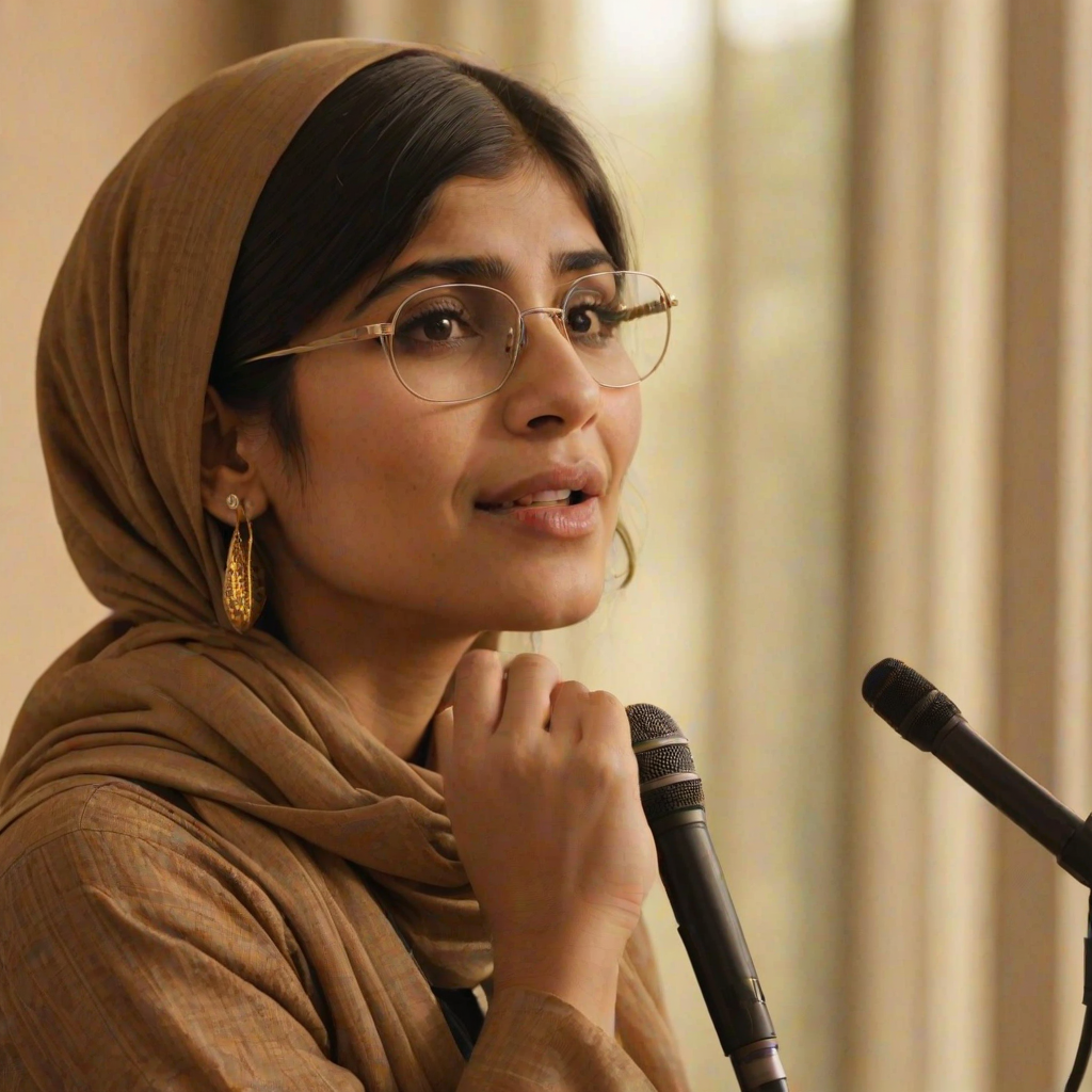 A close-up portrait of a mia khalifa with her eyes closed, singing into a microphone, positioned on the right side of the frame, facing the viewer. She is wearing a brown headscarf, gold earrings, and a brown blouse, and is bathed in warm, golden light emanating from the windows behind her. A blurred figure of a man singing into a microphone is visible in the background. The scene has a sense of calm and spirituality.