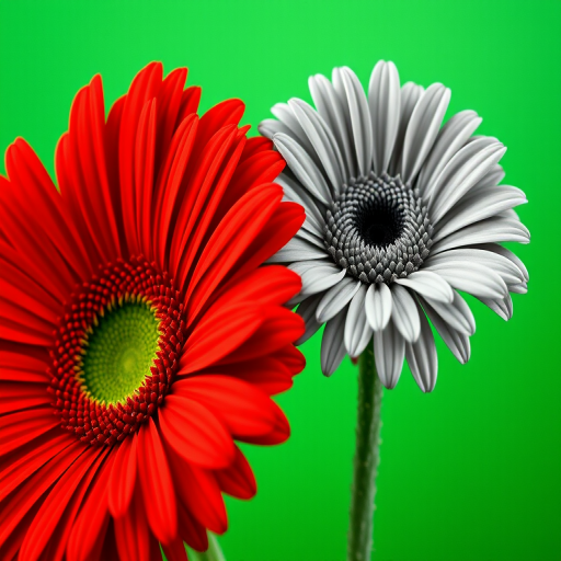 Generate an image of a vibrant red gerbera daisy and a monochrome grey gerbera daisy side by side against a solid green background, use a shallow depth of field, aperture f/2.8, ISO 100, 50mm lens, natural lighting, and focus on the vivid colors and intricate details of the flowers.