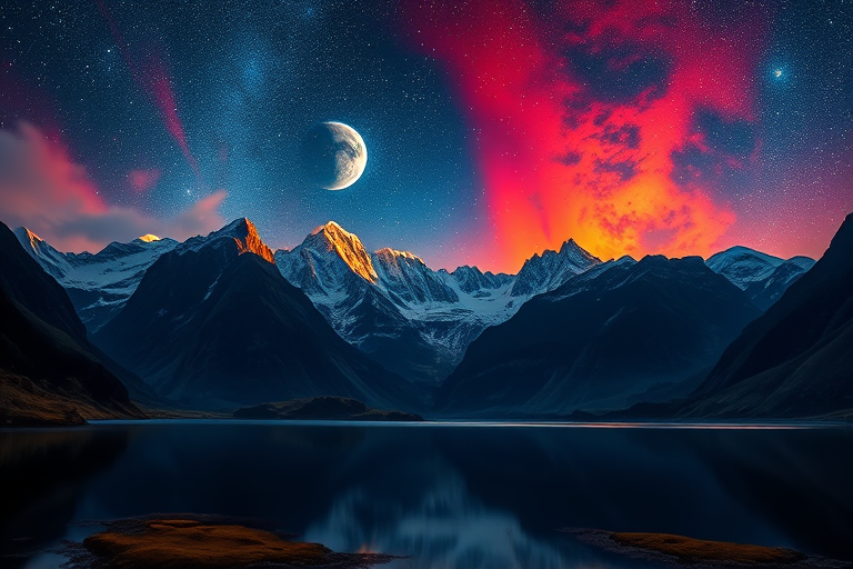 A stunning cosmic landscape featuring majestic mountains illuminated by multiple celestial bodies, vibrant colors reflecting on a serene lake in the foreground, captured with a Canon EOS R5, ISO 100, f/8 aperture, 24mm lens, HDR mode, low angle view for dramatic effect.
