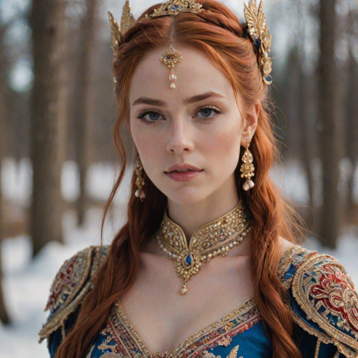 A young woman with long, flowing red hair, wearing a traditional, ornate red and blue costume with gold accents and intricate embroidery, stands facing the viewer in a close-up portrait. Her hair is styled in a high ponytail and adorned with a pair of golden, winged hairpieces. She wears gold earrings and her makeup is accented with light pink blush and a bright red lip. She has a soft and slightly melancholic expression, with her eyes looking directly at the camera. The background is a blurred, out-of-focus snowy landscape, with the woman in the foreground. The lighting is soft and natural, creating a warm, intimate atmosphere. The image is composed using a shallow depth of field, with the woman as the main focal point. The overall style is elegant, delicate, and fairytale-like.