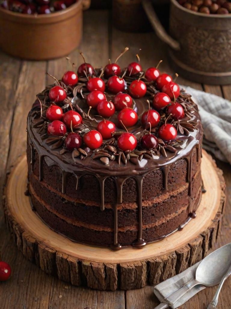 Create an image of a round chocolate cake with rich chocolate decorations on the sides. The cake should be topped with fluffy whipped cream and fresh cherries. Place the cake on a rustic wooden stand, with a natural wood texture in the background. The overall feel should be inviting and delicious, showcasing the dessert in an appealing way.