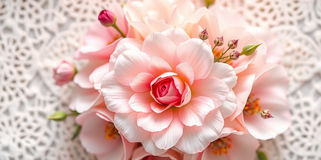 Create a high-resolution floral design with soft pastel colors, featuring intricate lace textures in the background, photographed with a DSLR camera at f/2.8 aperture, 50mm lens, natural light, and a shallow depth of field for a dreamy effect.