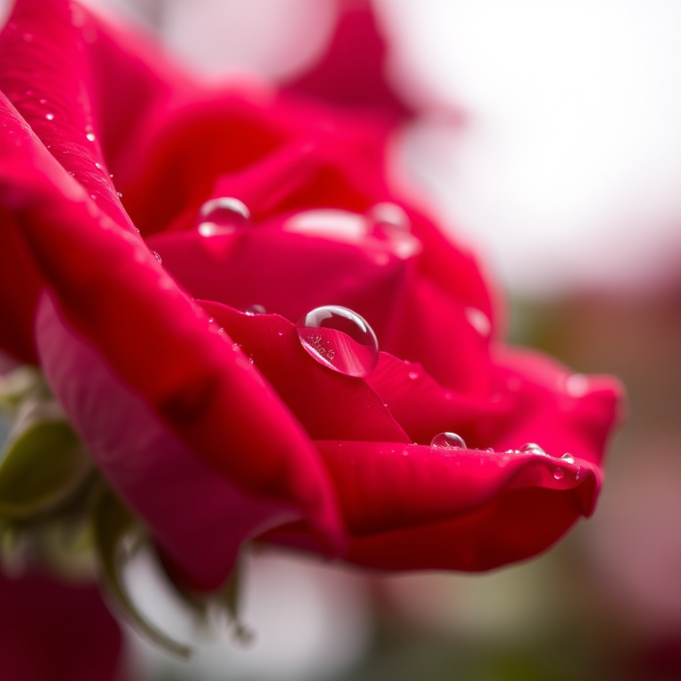 macro shot of a red rose petal with droplets of water on it, soft focus background with bokeh effect, f/2.8 aperture, 100mm lens, ISO 100, natural lighting, taken with a DSLR camera