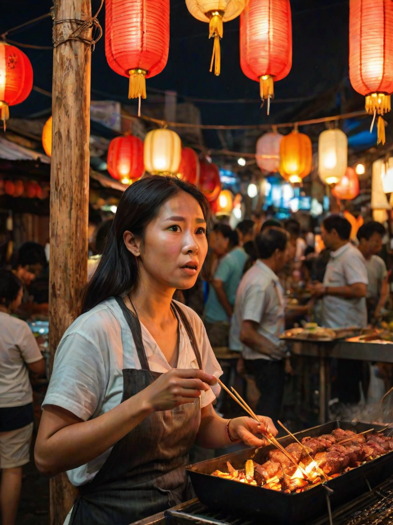 Bustling night market in Southeast Asia, lanterns hanging overhead, the smell of street food filling the air, a woman stops at a stall to try a skewer of grilled meat, her eyes wide with curiosity.