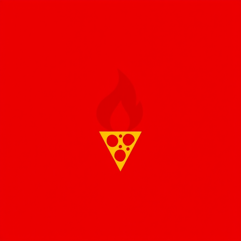 Design a minimalist logo featuring a stylized flame with a pizza slice incorporated, set against a vivid red background, using a DSLR camera with a 50mm lens, aperture f/1.8, ISO 100, taken in soft natural light to enhance sharpness and color vibrancy.