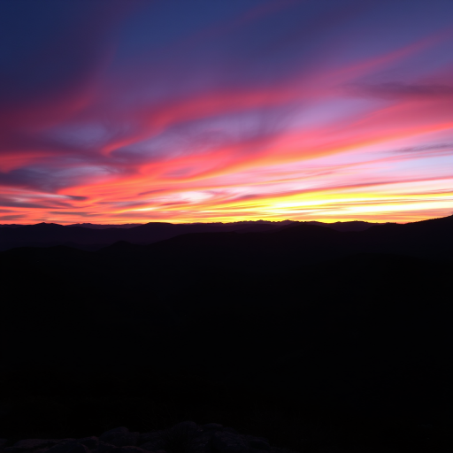 Generate a high-resolution image of a sunset over a mountainous landscape with vibrant colors, using a DSLR camera with a 50mm lens, aperture set to f/8, ISO 200, in a landscape orientation, capturing details in both the shadows and highlights.