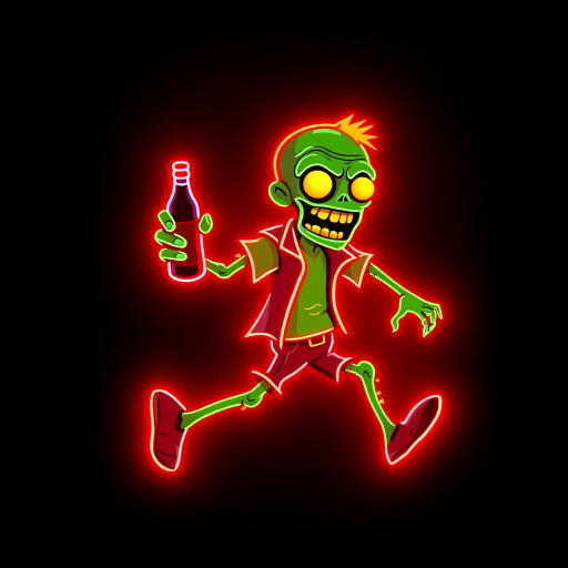 Create an image of a neon sign featuring a cartoon-style zombie in a dynamic pose, holding a bottle. The neon sign should glow in red against a dark background, making the character stand out prominently. The character should appear to be running, capturing attention with its vibrant color and action pose, perfect for advertising or decorative purposes.