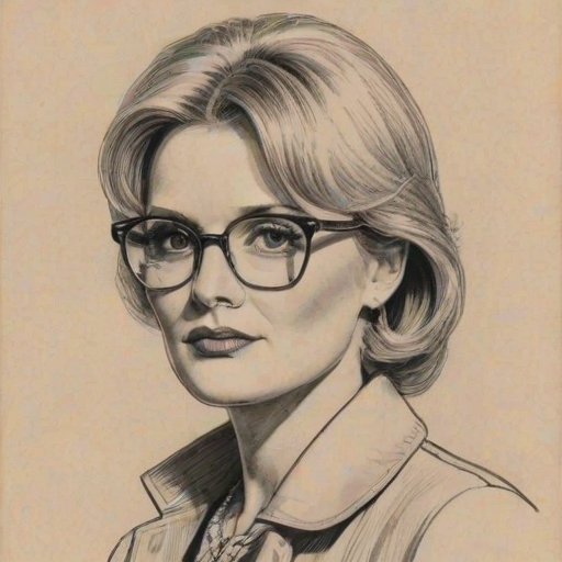 Appealing Sharon Gless, pencil sketch, portrait of Charming woman 1965s in glasses, hair style beatnik, outline, clear lines, fine lines, 8k
