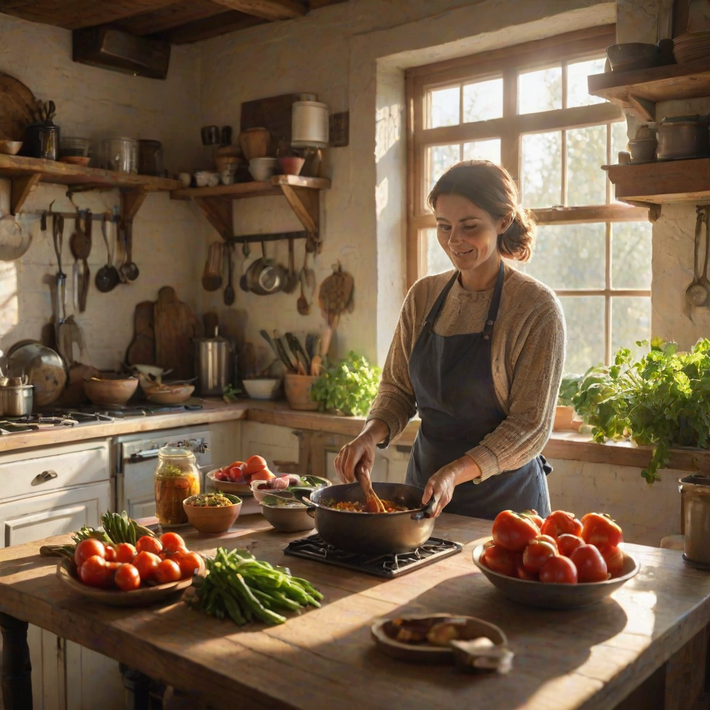 Rustic farmhouse kitchen, with fresh vegetables on the counter, a woman cooking a hearty stew, and sunlight streaming through the window, creating a cozy ambiance.